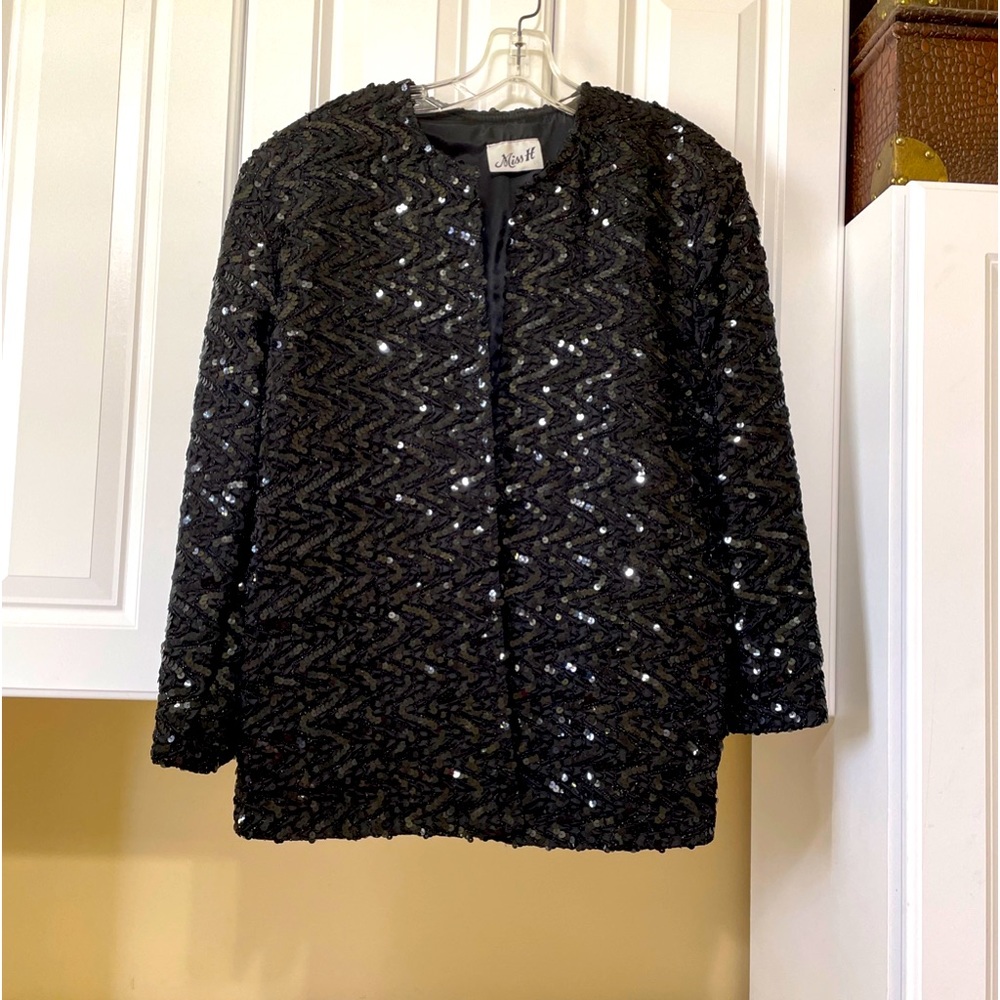 Miss H black sequin on taffeta  blazer cocktail jacket Vintage Size M